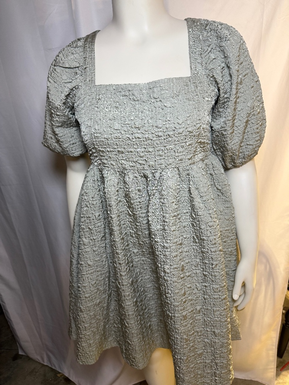 Mittoshop Womens Large Sage Green Smocked Puff Sleeve Square Neck Babydoll Dress